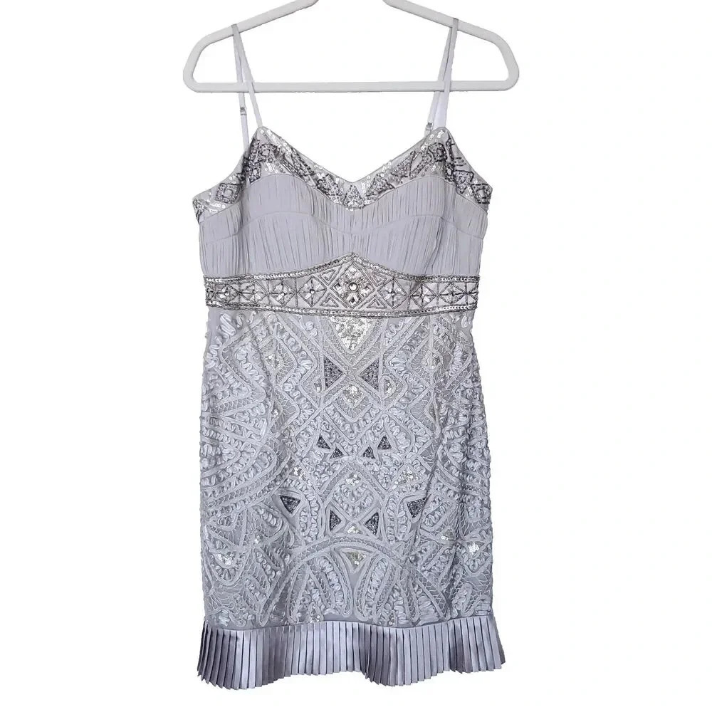 Sue Wong Cocktail Party Mini Dress Beaded Sz 12 Gray Silver Floral Embroidered